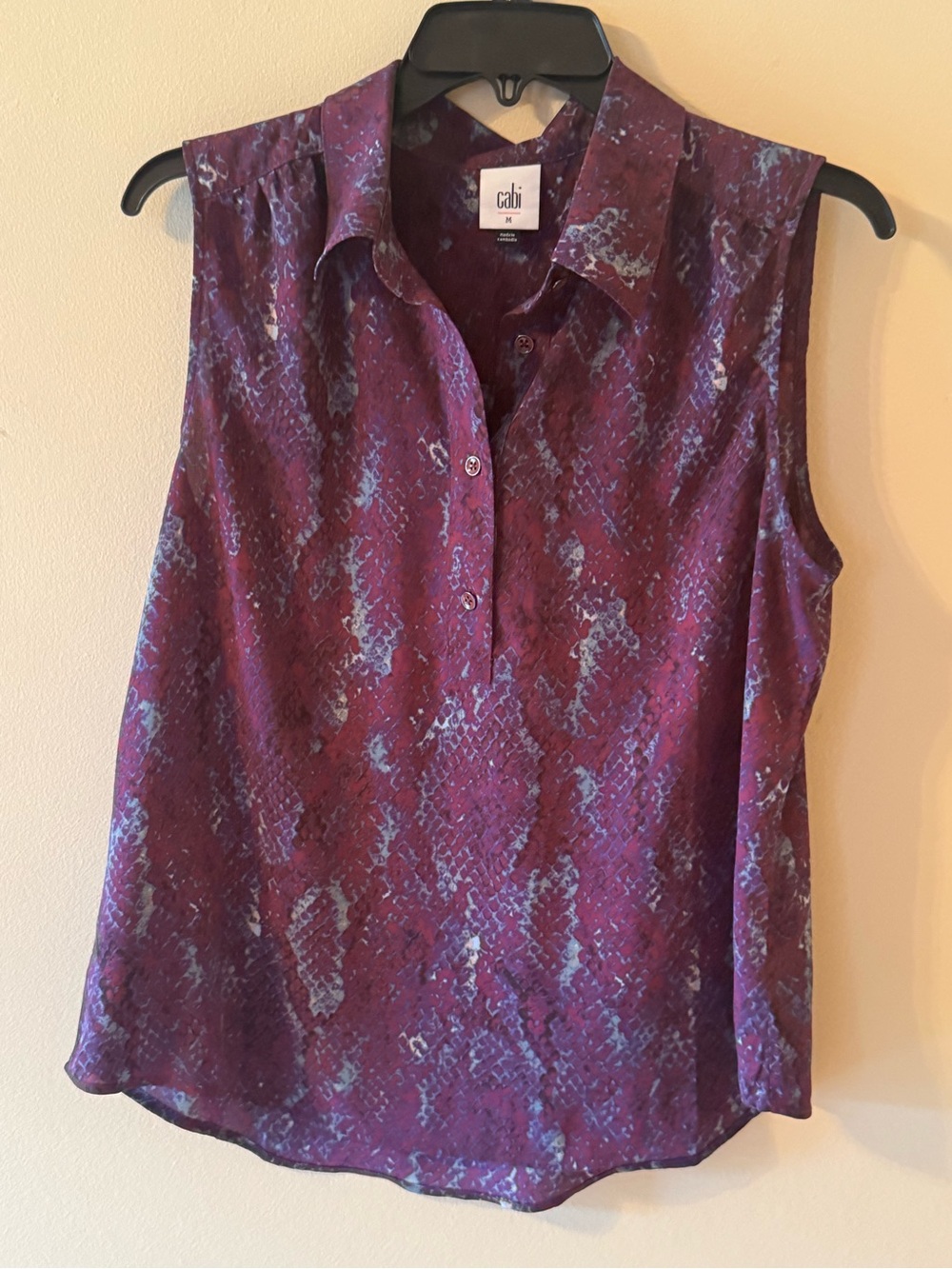 CAbi Purple and Light Blue Sleeveless Printed Collared Top